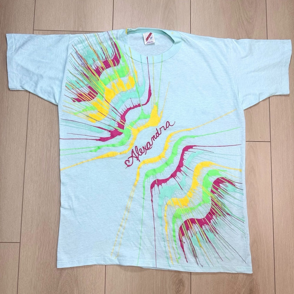 VTG 90s Jerzees USA Single Stitch Abstract Paint Graphic T Shirt XL Blue Art Tee